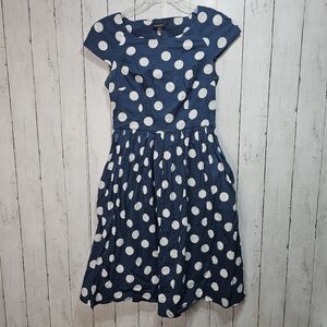 EMILY and Fin Blue White Polka Dot Midi Cotton Dress Pleated Skirt Size Medium.